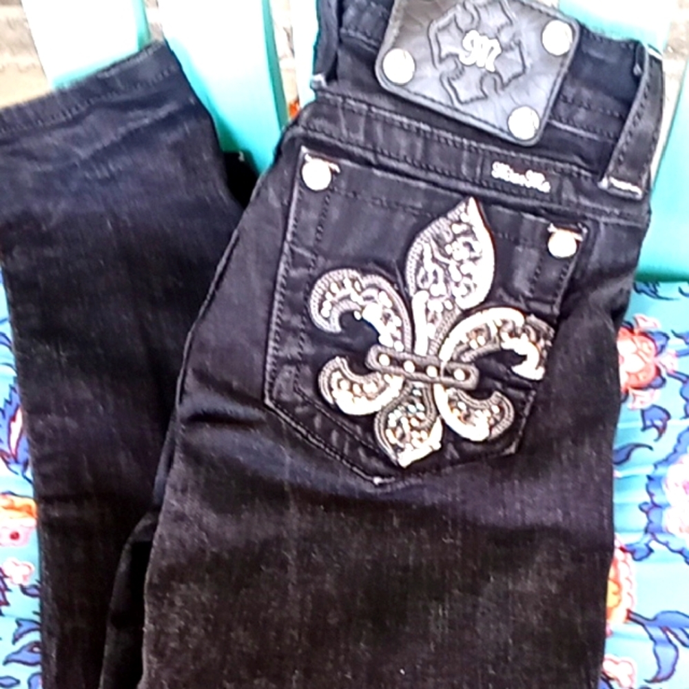 Black, Mid-Rise Miss Me Jean, Signature Embellished Back Pockets Steampunk Goth